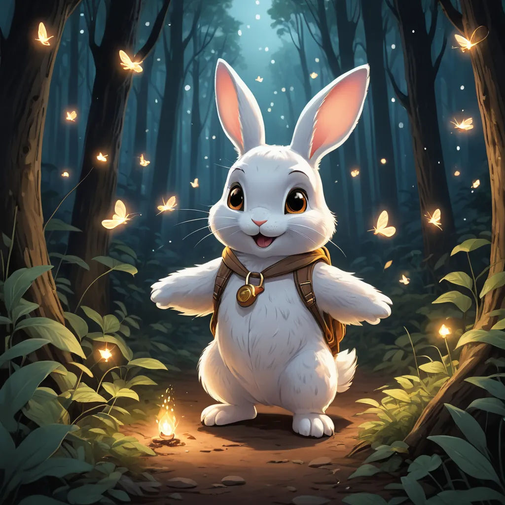 a white rabbit with a harness on in a forest with butterflies flying around it and a light in the middle of the forest, fantasy art, a character portrait, Clint Cearley, rossdraws global illumination