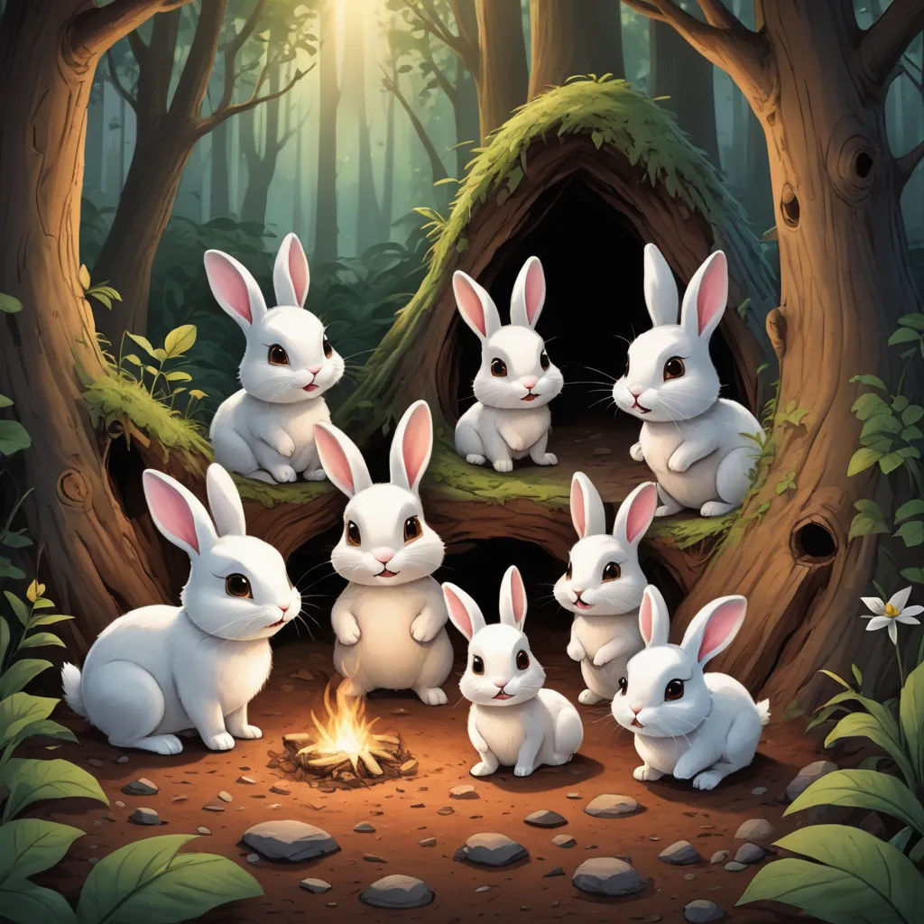 a group of rabbits sitting in front of a fire in a forest with a hut in the background and a forest scene with a fire, furry art, a storybook illustration, David Martin, rossdraws global illumination