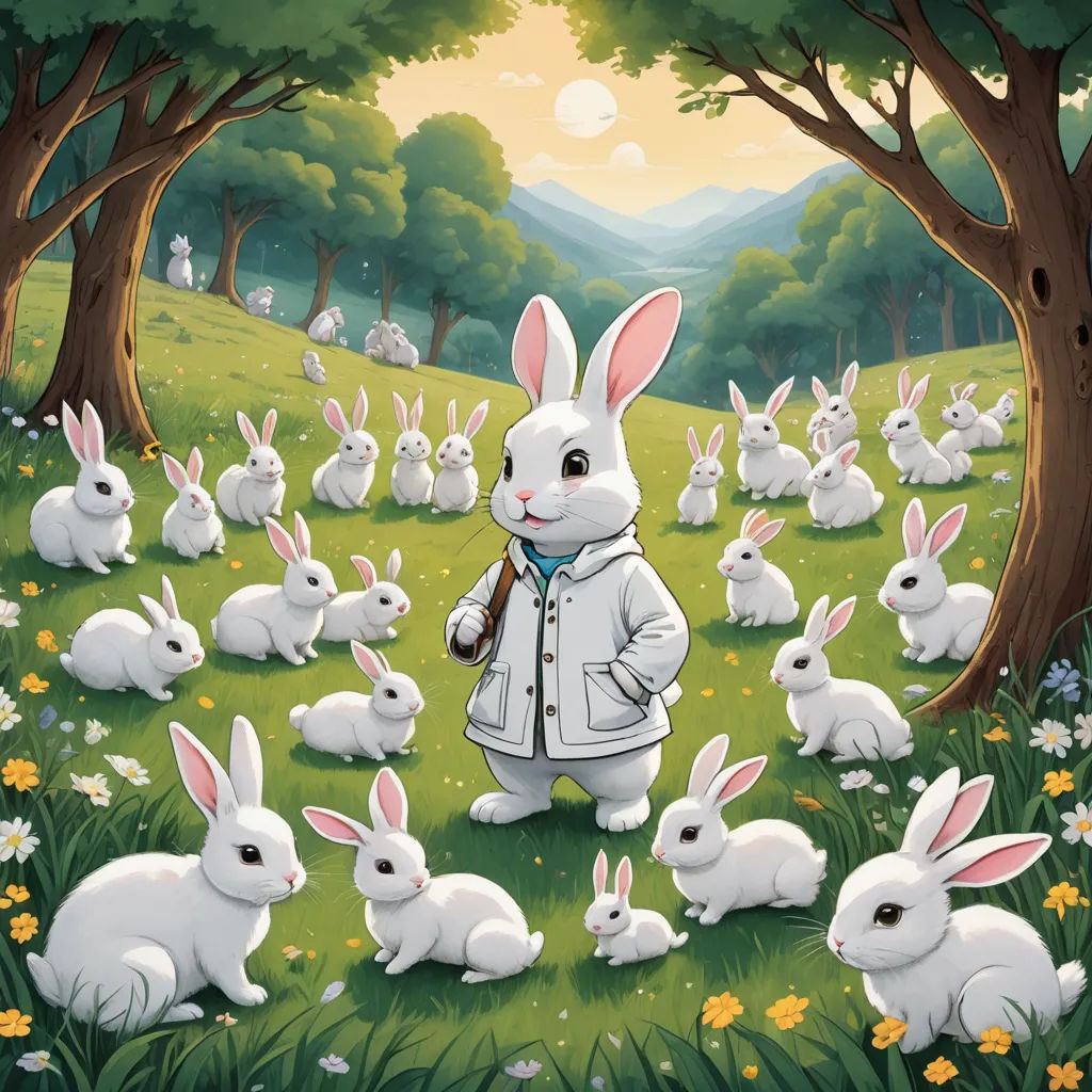 a painting of a man standing in a field with many rabbits in front of him and a forest full of trees, furry art, a storybook illustration, Chris LaBrooy, furaffinity