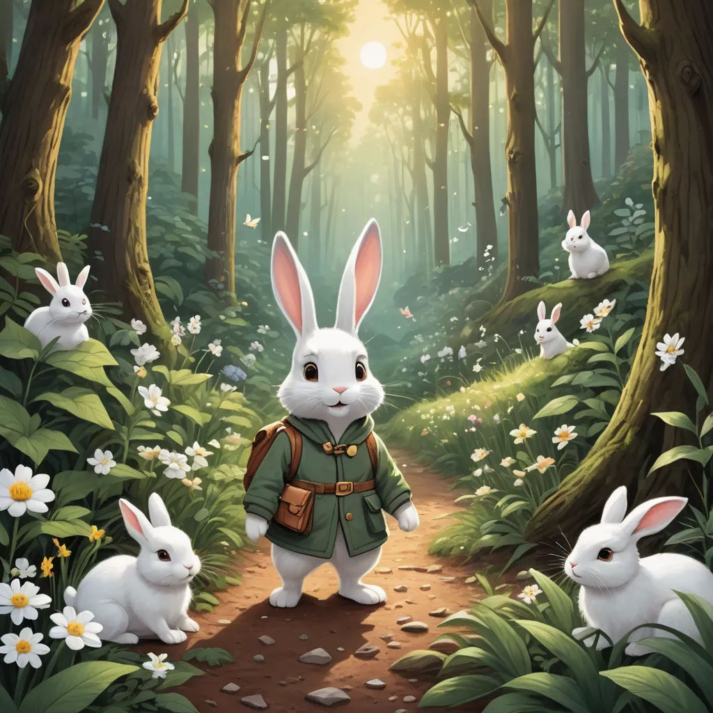 a painting of a rabbit in a forest with other rabbits in the background and a sunbeam in the distance, fantasy art, a storybook illustration, Chris LaBrooy, rossdraws global illumination