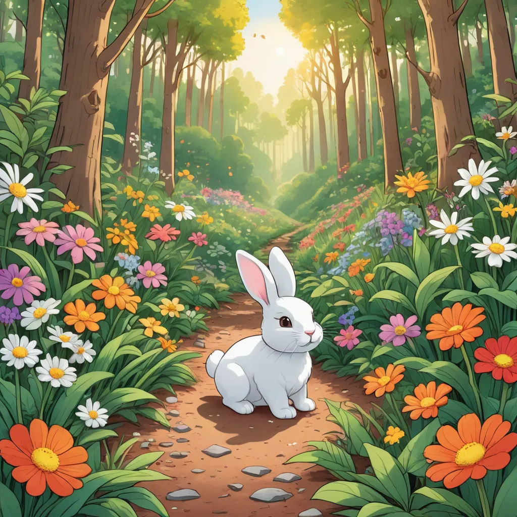 a white rabbit sitting in a forest with flowers and trees around it, looking at the camera with a smile, magical realism, a storybook illustration, Beatrix Potter, official art