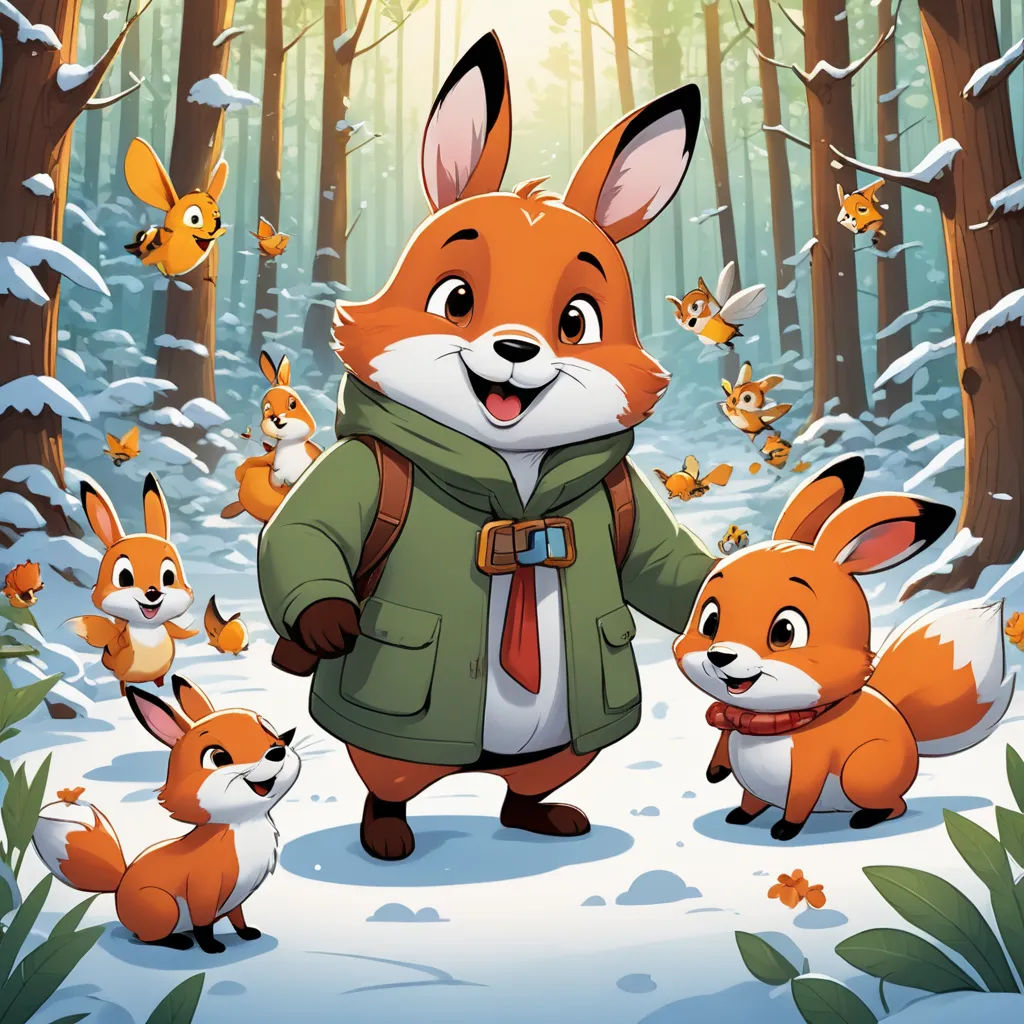 a cartoon fox with a backpack and a bunch of other animals in the woods with snow on the ground, furry art, a storybook illustration, Cliff Childs, official art