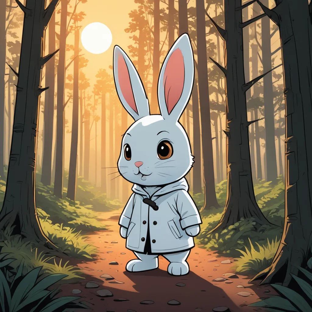 a cartoon rabbit standing in the middle of a forest with trees and sun in the background, with a path leading to it, furry art, a storybook illustration, Beatrix Potter, official art