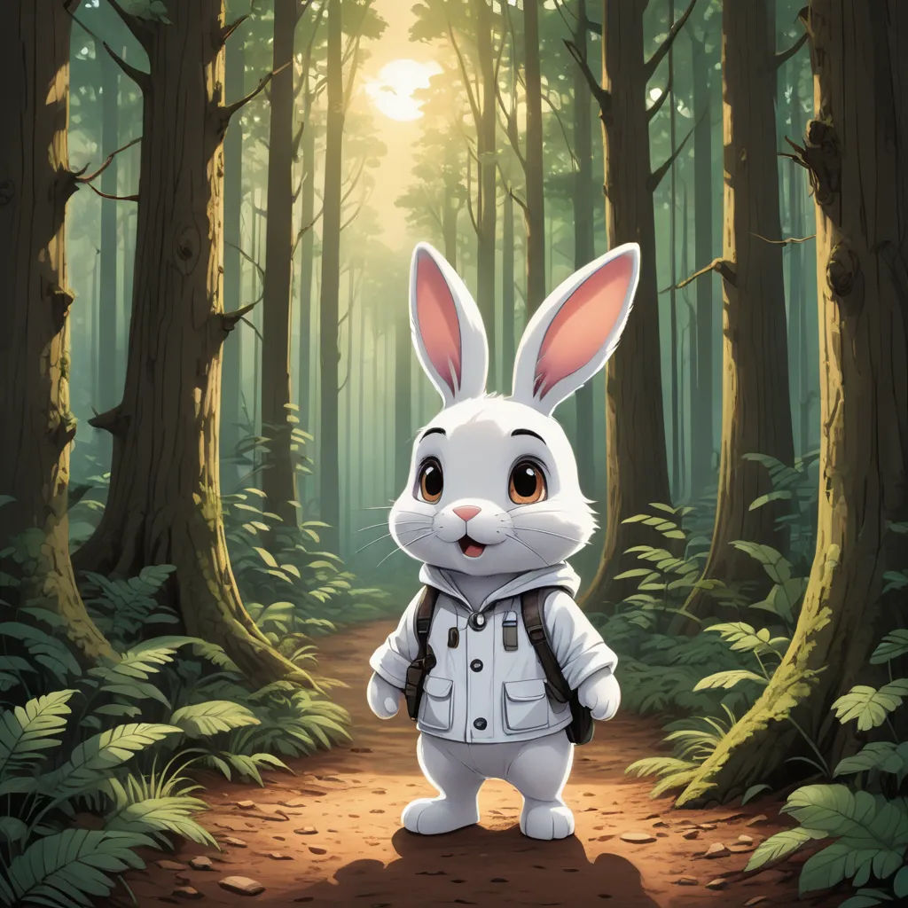 a rabbit in a white jacket standing in a forest with a backpack on his back and a sun shining through the trees, furry art, a storybook illustration, Beatrix Potter, rossdraws global illumination