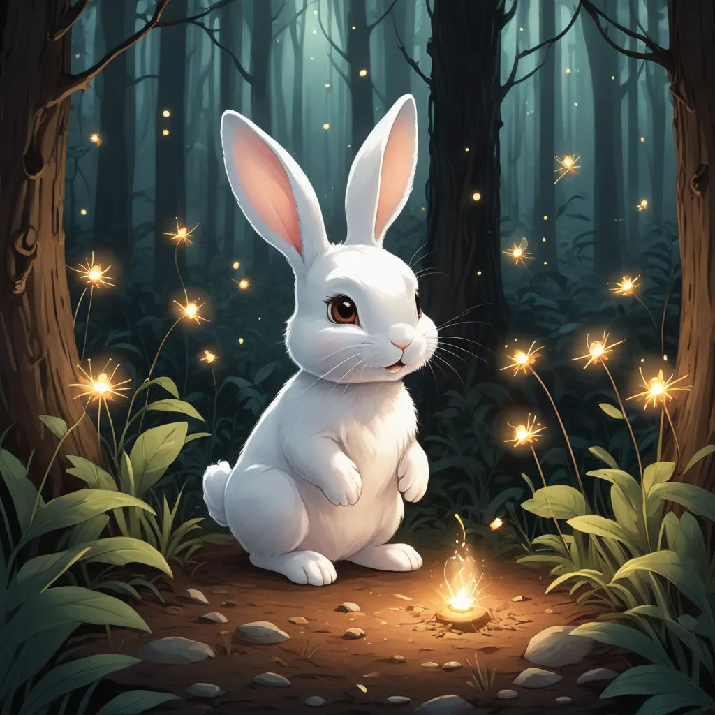 a white rabbit sitting in the forest with a glowing light in its mouth and a glowing light in its mouth, fantasy art, a storybook illustration, Chris LaBrooy, rossdraws global illumination