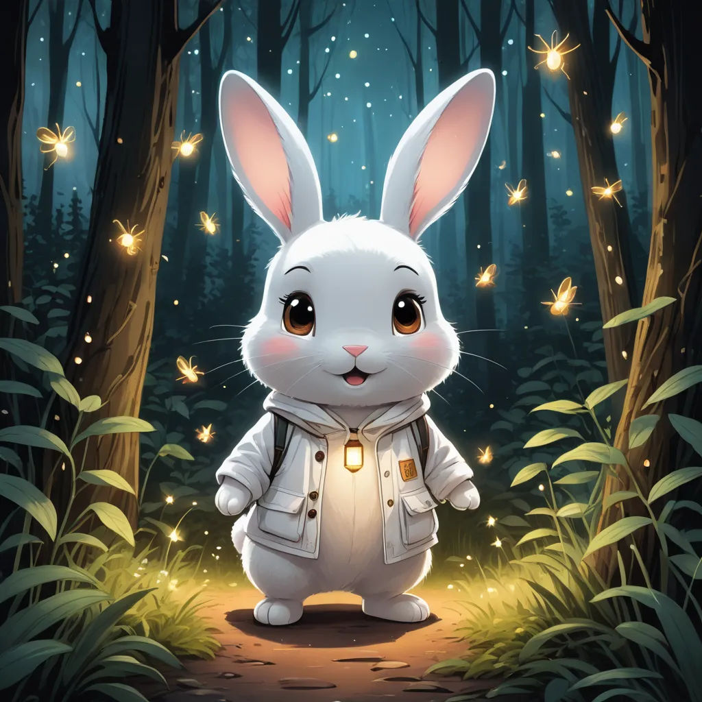 a rabbit in a white coat standing in the woods with a light on its chest and glowing eyes on its face, fantasy art, a character portrait, Clarice Beckett, rossdraws global illumination