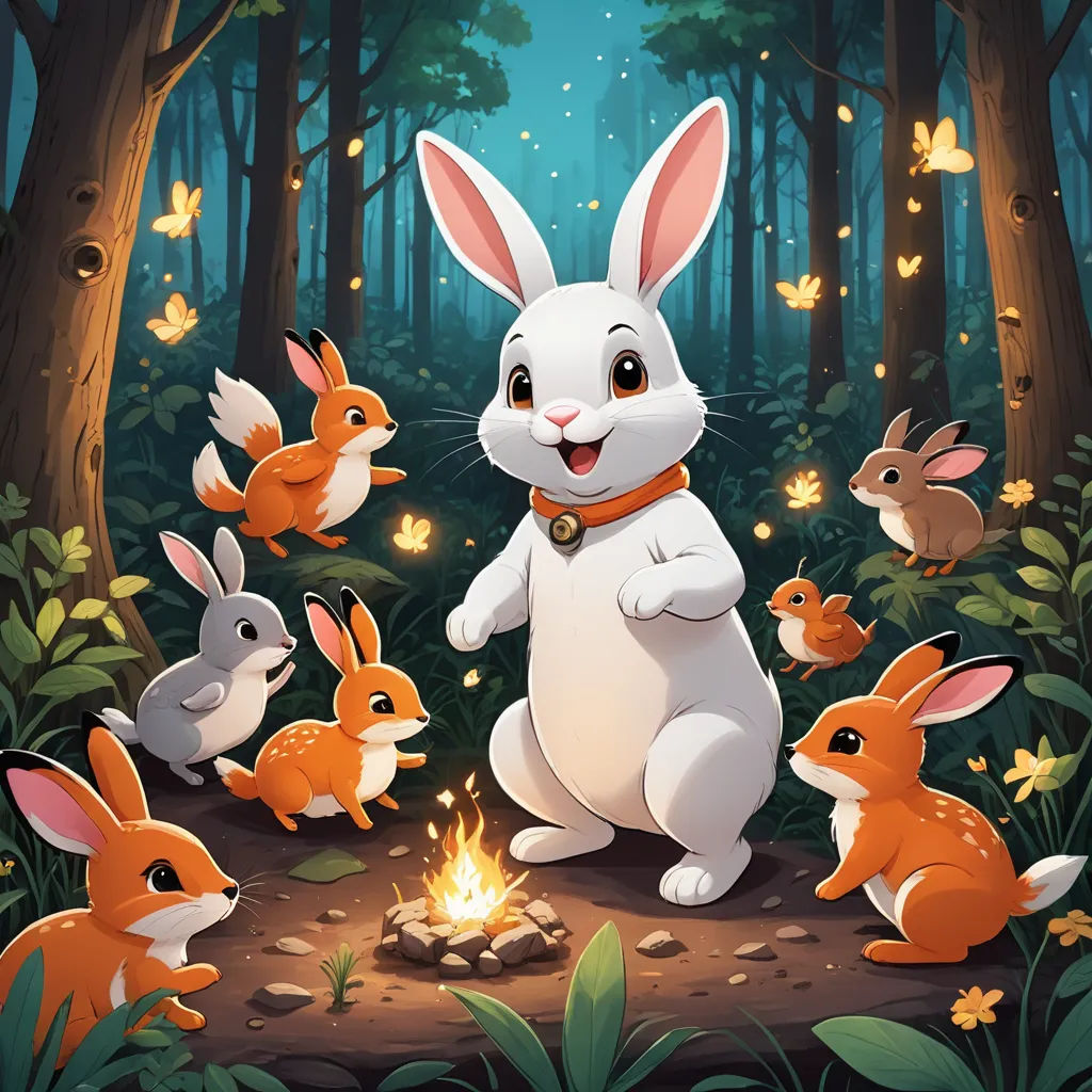 a rabbit with many rabbits around it in the forest with a campfire in the foreground and butterflies in the background, furry art, a storybook illustration, Chris LaBrooy, rossdraws global illumination