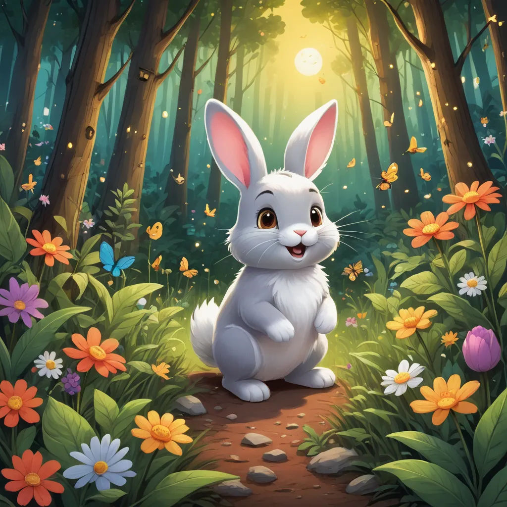 a white rabbit sitting in the middle of a forest with flowers and butterflies around it, looking at the camera, furry art, a storybook illustration, Chris Rallis, rossdraws global illumination