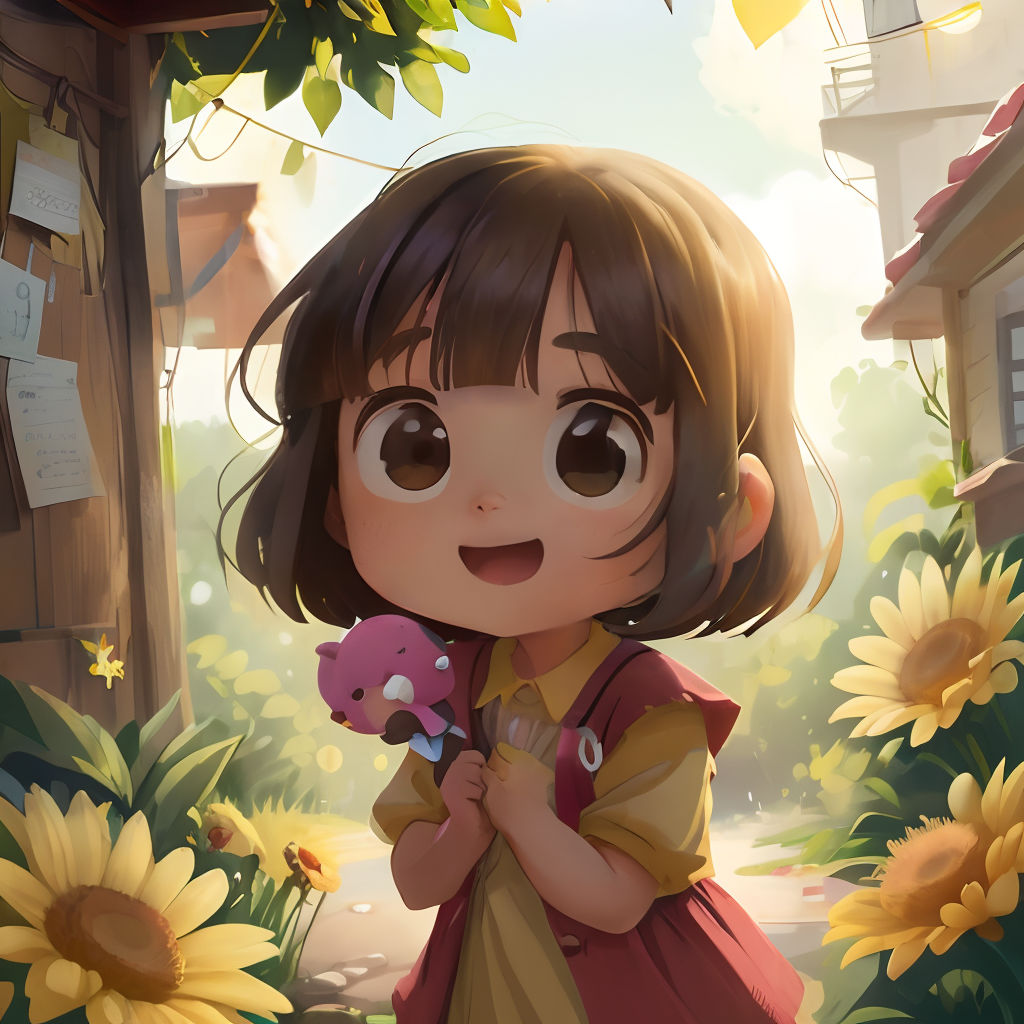 a little girl holding a teddy bear in a sunflower field with a house in the background and a sunflower tree