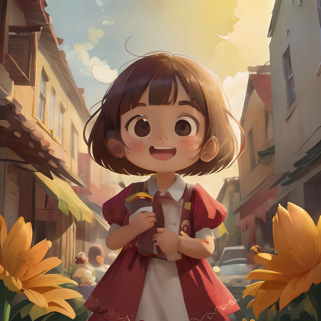 a little girl standing in a flower filled street with buildings and sunflowers in the background, with a smiling face
