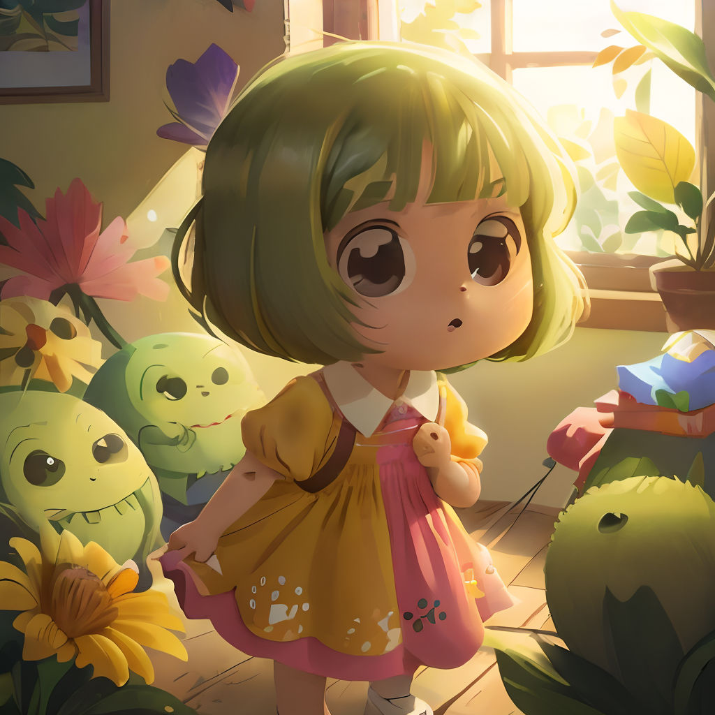 a little girl standing in front of a bunch of stuffed animals in a room with a window and a potted plant