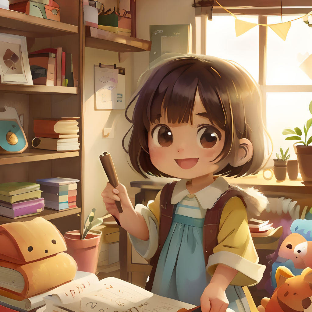 a girl is holding a pen and writing in a bookcase with a teddy bear and a book on the desk