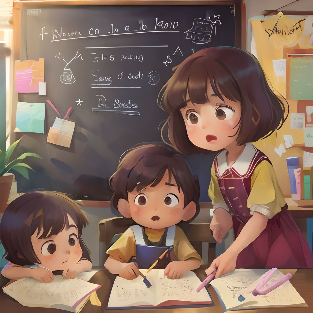 a group of children sitting at a desk with books and pencils in front of a chalkboard with a chalkboard written on it