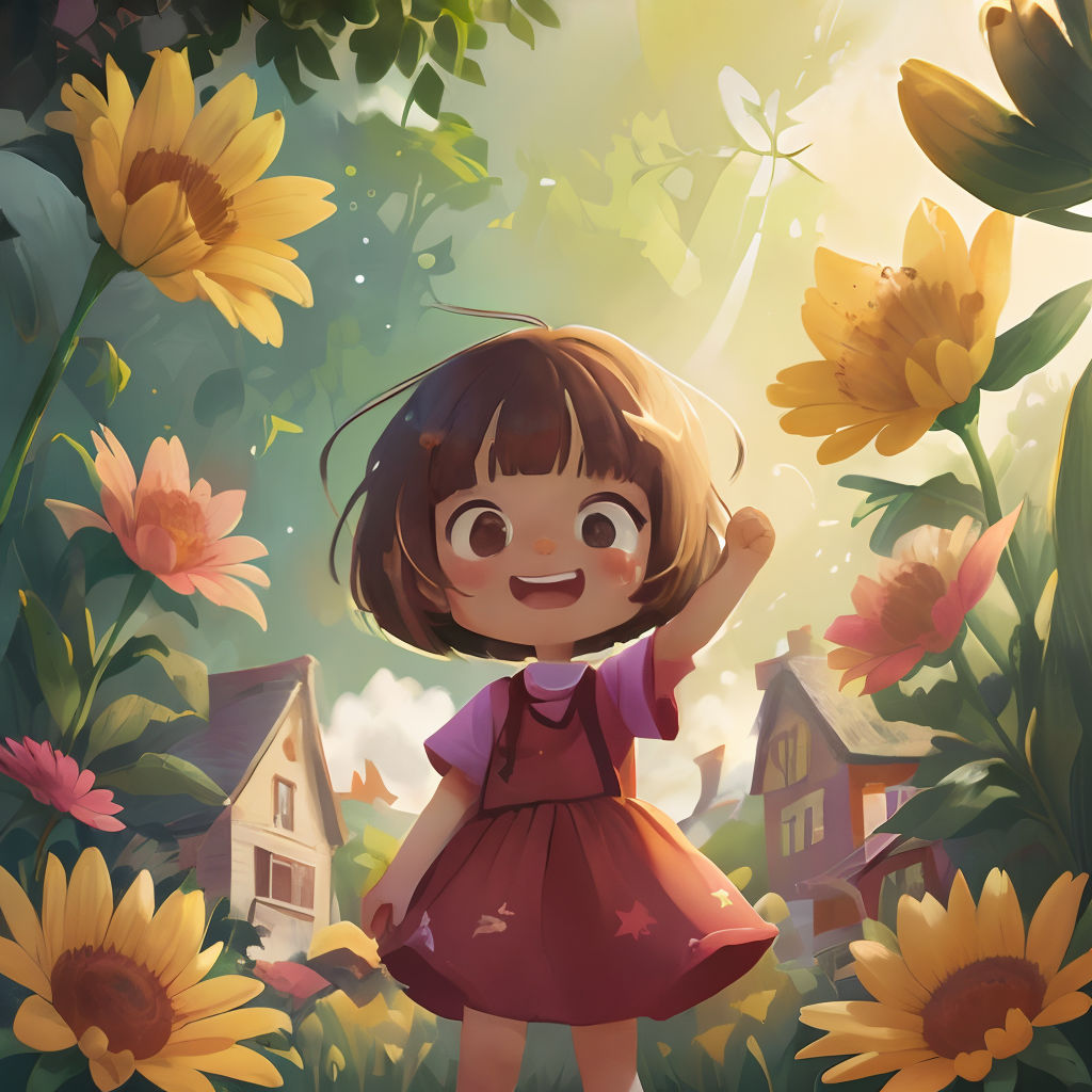 a little girl standing in a field of sunflowers with her arms up in the air and smiling
