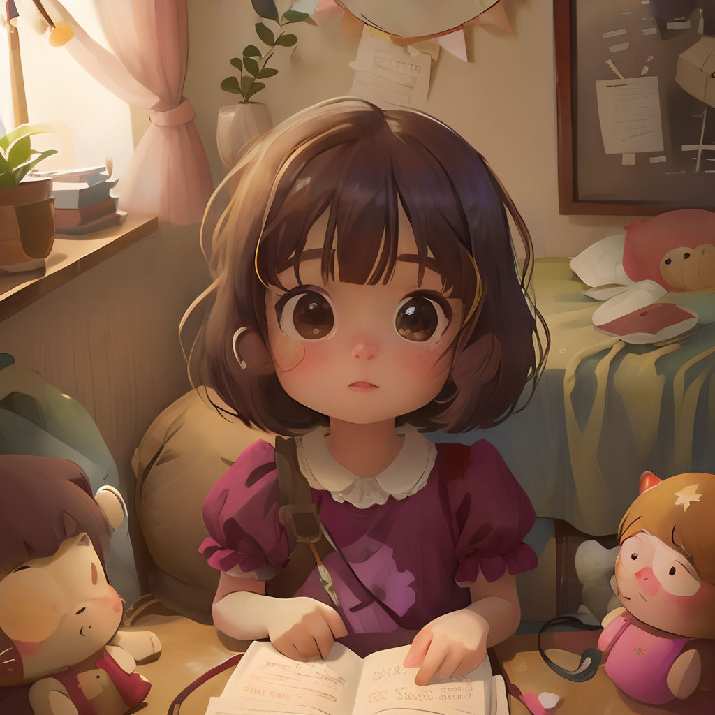 a little girl sitting at a table with a book in her hand and stuffed animals around her, and a stuffed bear on the table