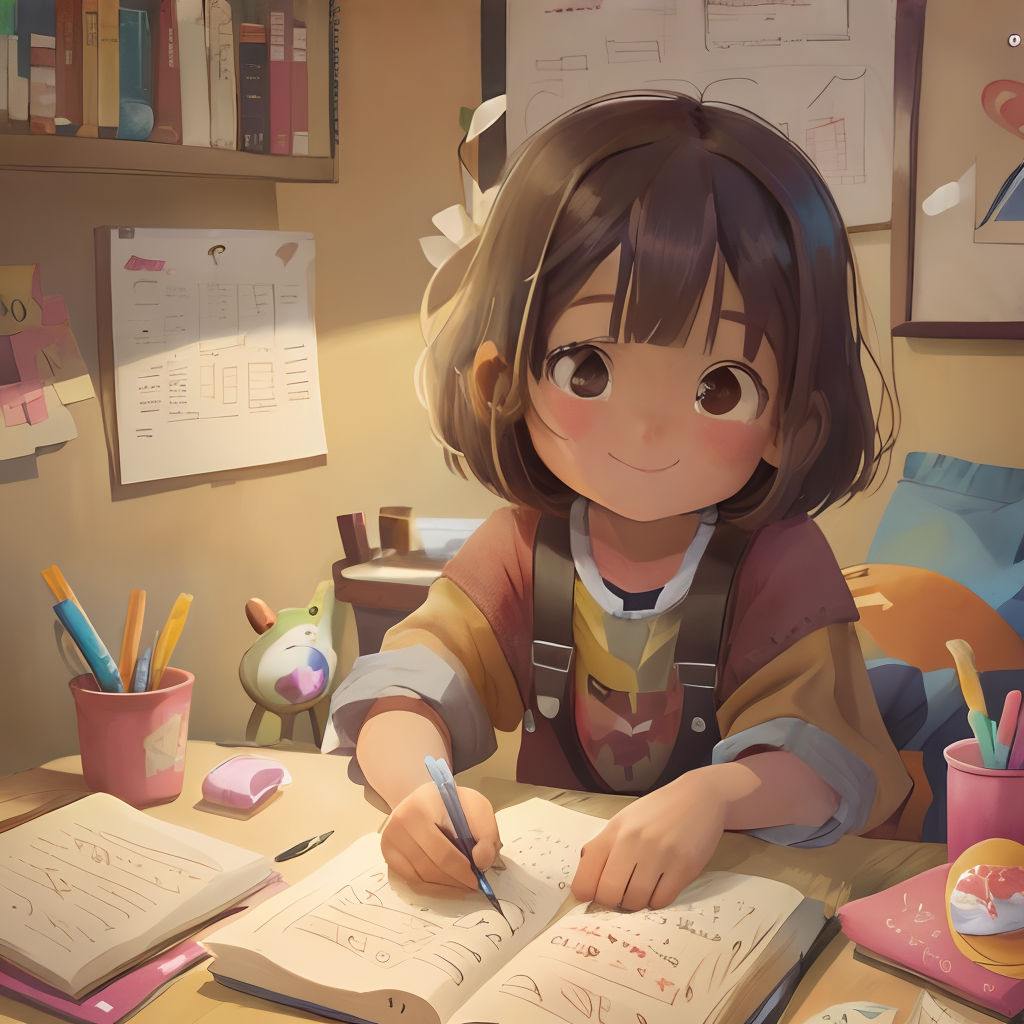 a girl sitting at a desk writing on a book with a pen and paper in front of her and a teddy bear