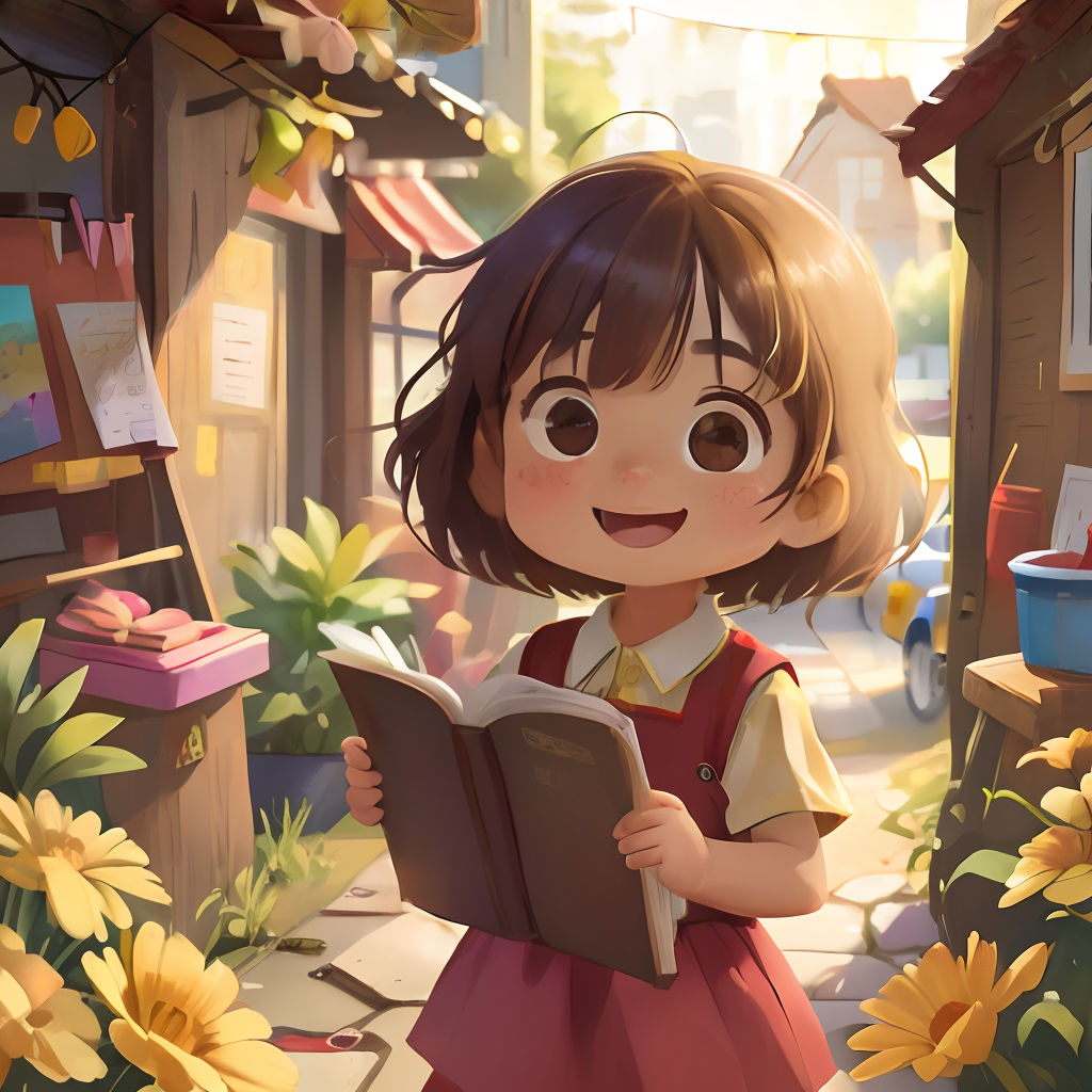 a little girl reading a book in a flowery area with a sunflower in the background and a small building in the background