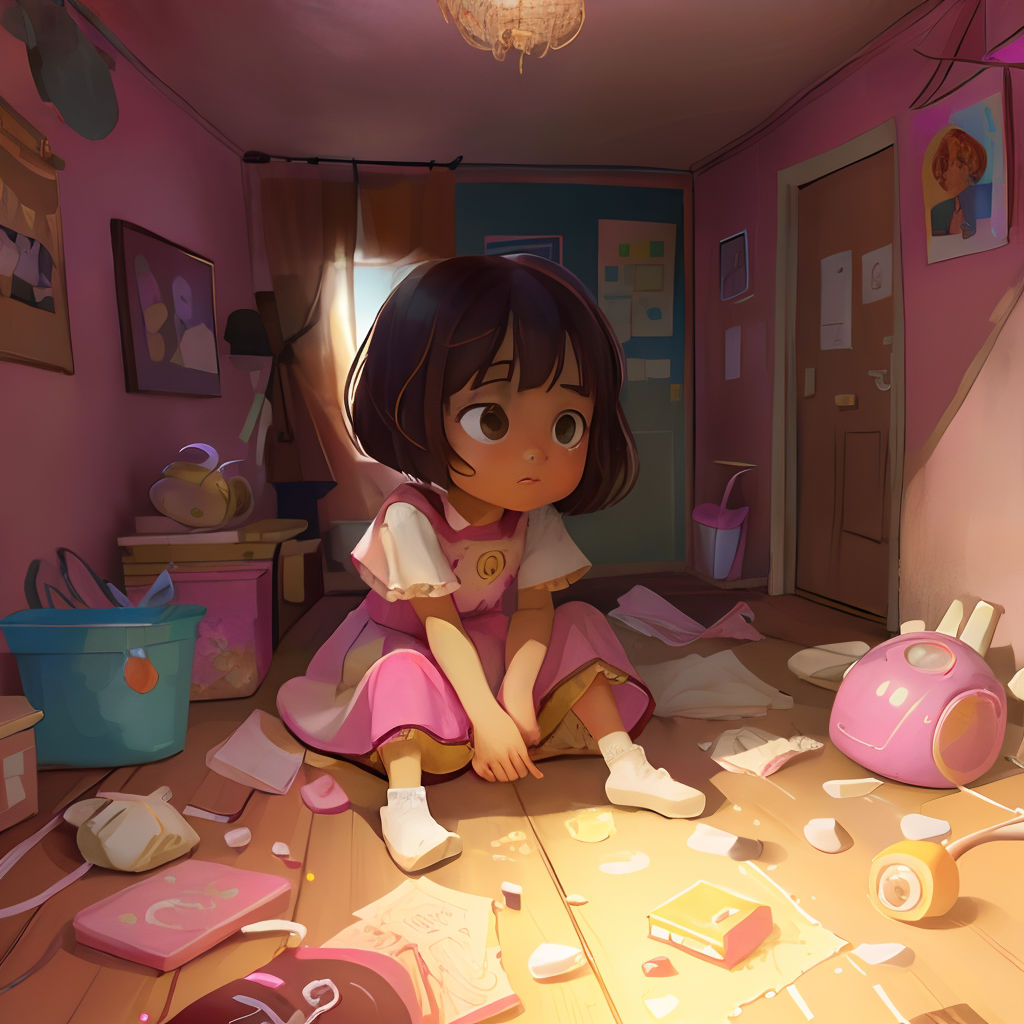 a little girl sitting on the floor surrounded by toys and toys in a room with pink walls and a chandelier