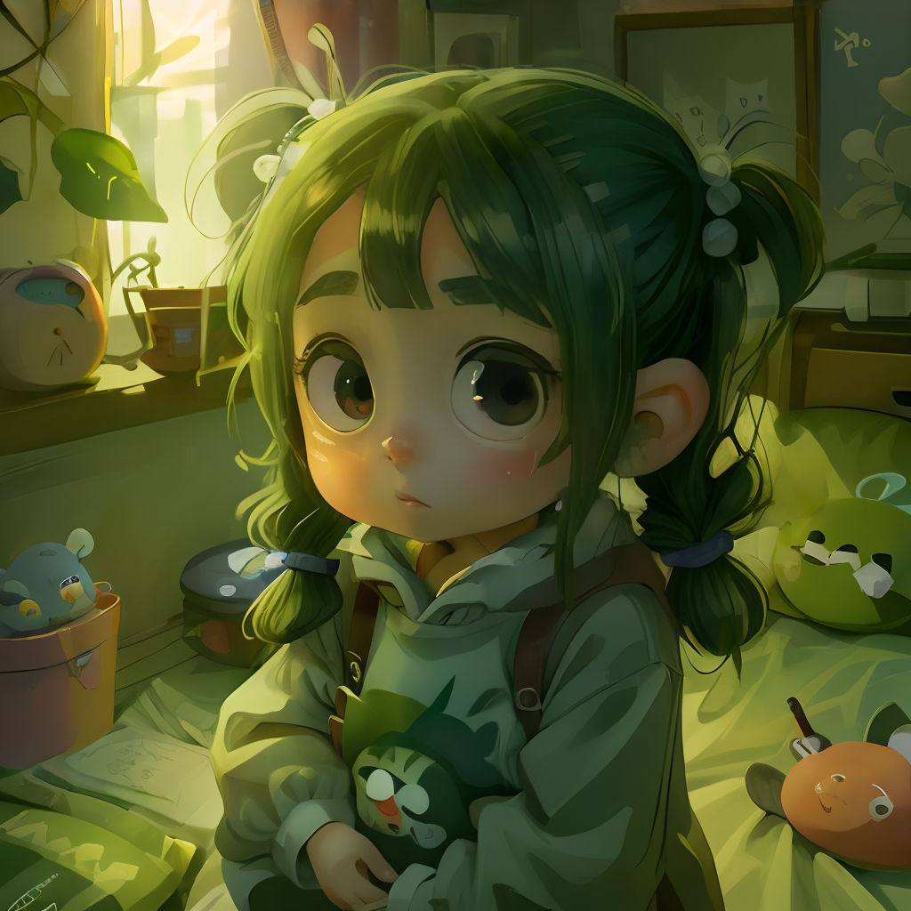 a little girl sitting on a bed with a green hair and green eyes and a green jacket on her