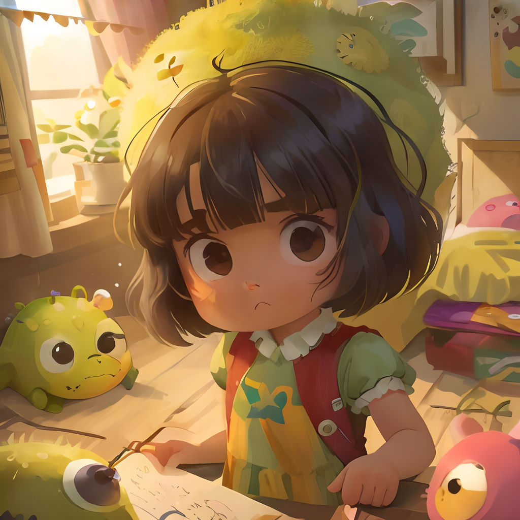 a little girl is writing in a book in a room with stuffed animals and a bed in the background