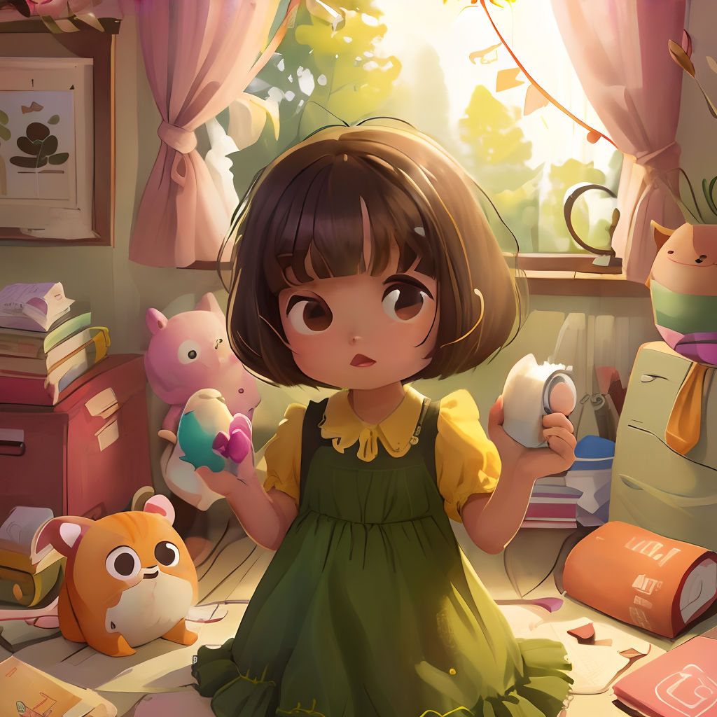 a little girl in a green dress holding a cell phone in a room with toys and books on the floor