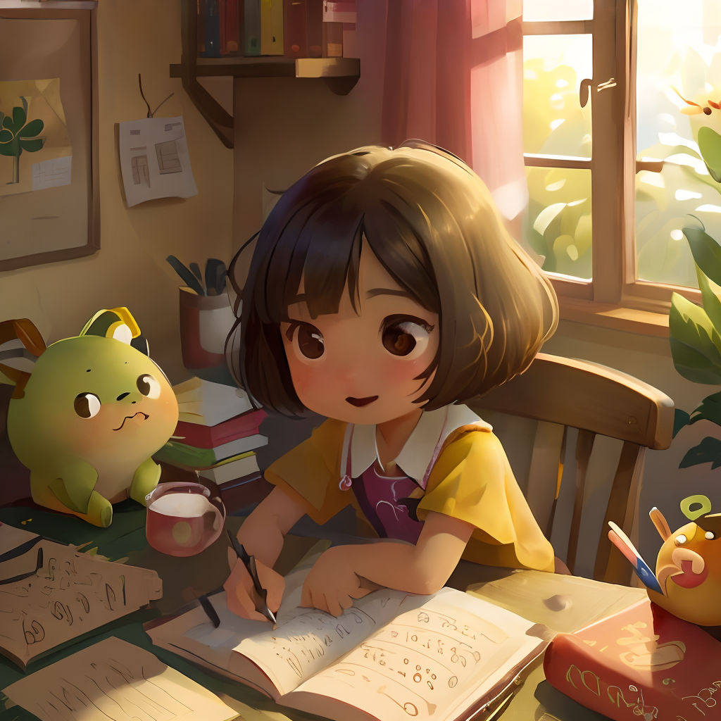 a girl sitting at a table with a book and a cat next to her and a cat figurine