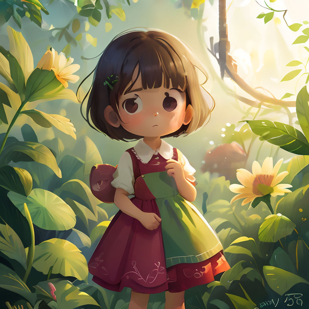 a little girl standing in a forest with a teddy bear in her arms and a sunflower in her hand