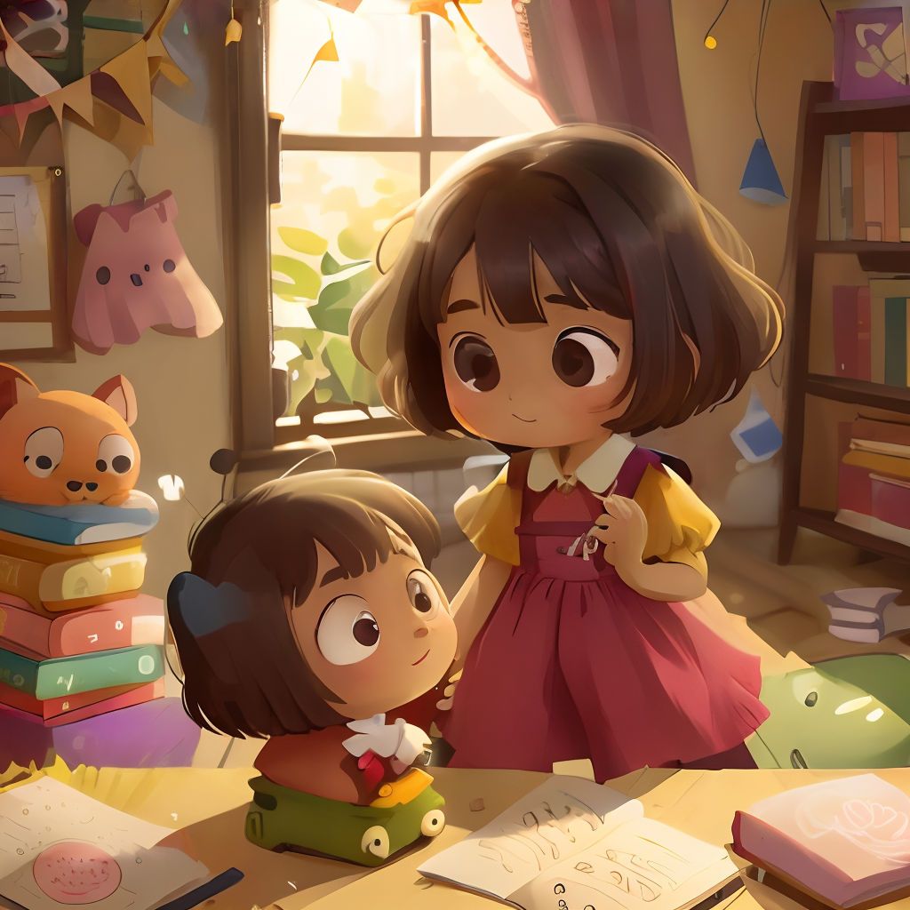 a little girl and a little girl standing in front of a table with books and a cat on it