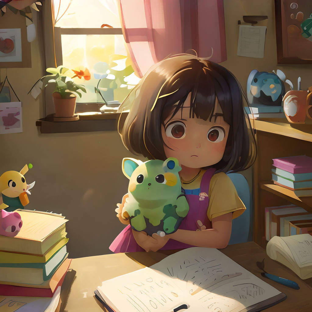 a girl holding a stuffed animal in front of a book and a window with a book on it and a book on the table