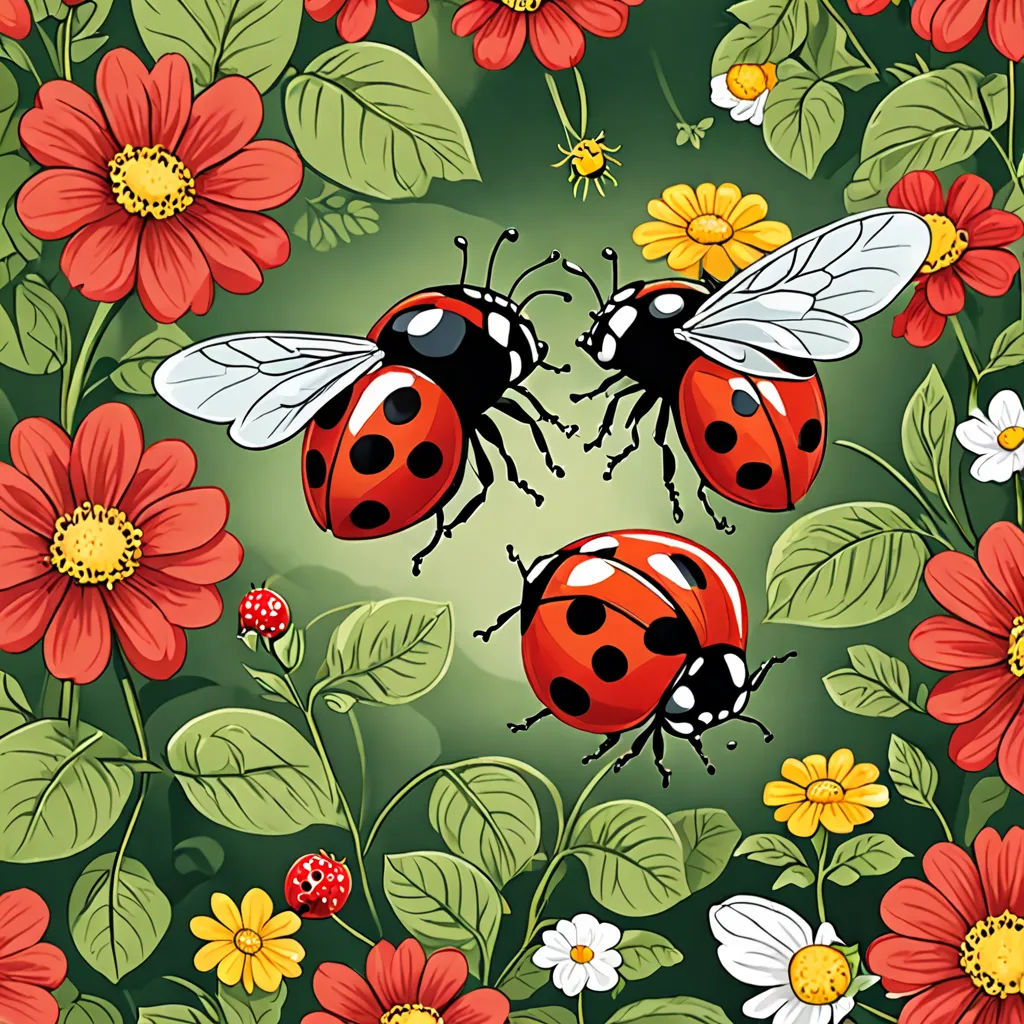 a group of ladybugs sitting on top of a green field of flowers and daisies with ladybugs, folk art, a storybook illustration, Annabel Kidston, detailed illustration