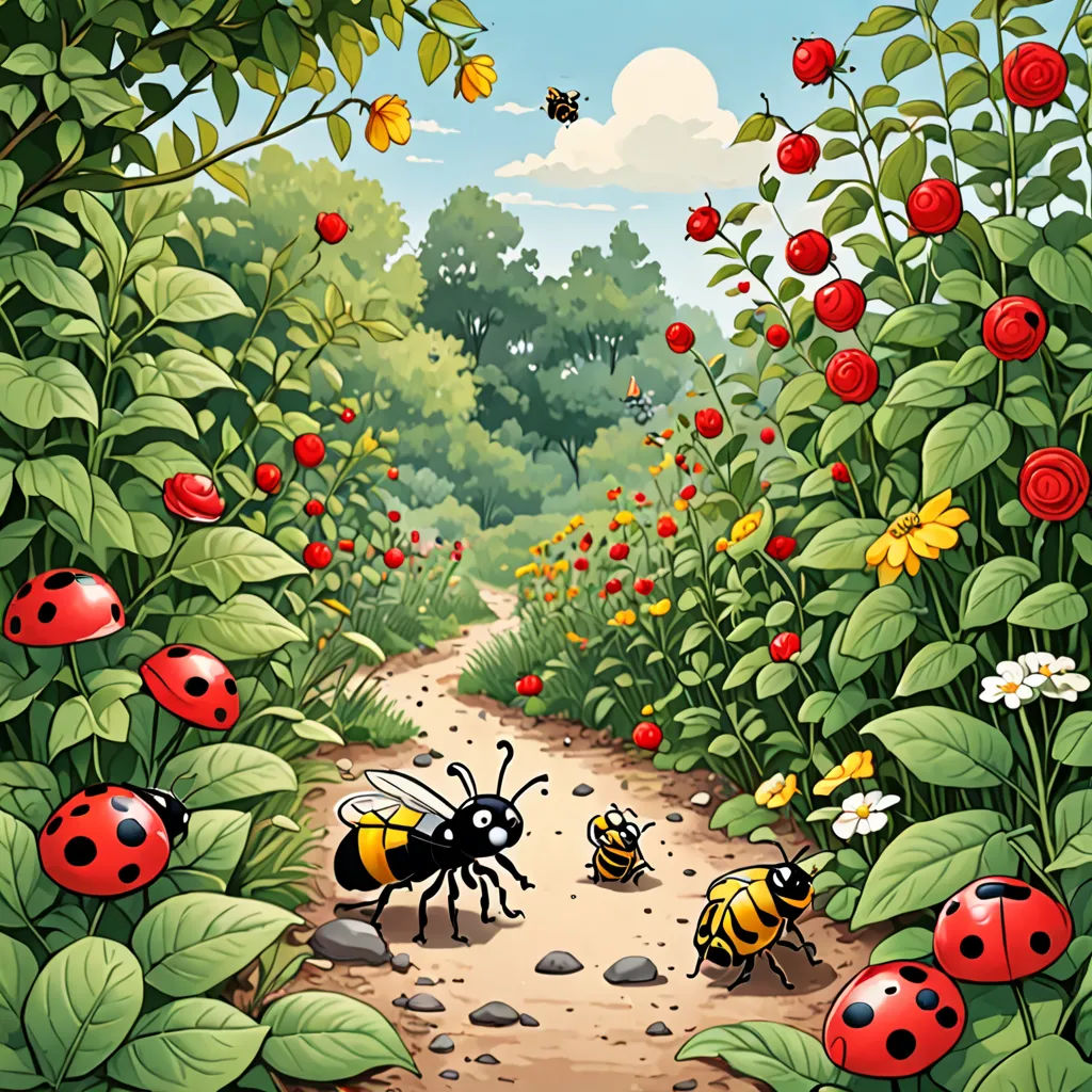 a painting of a garden with many bugs and flowers on it, and a couple of bees on the ground, ecological art, a storybook illustration, David Martin, storybook illustration