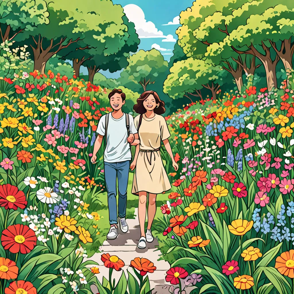 a man and woman walking through a field of flowers with trees in the background and a sky in the background, color field, a storybook illustration, Asaf Hanuka, official art