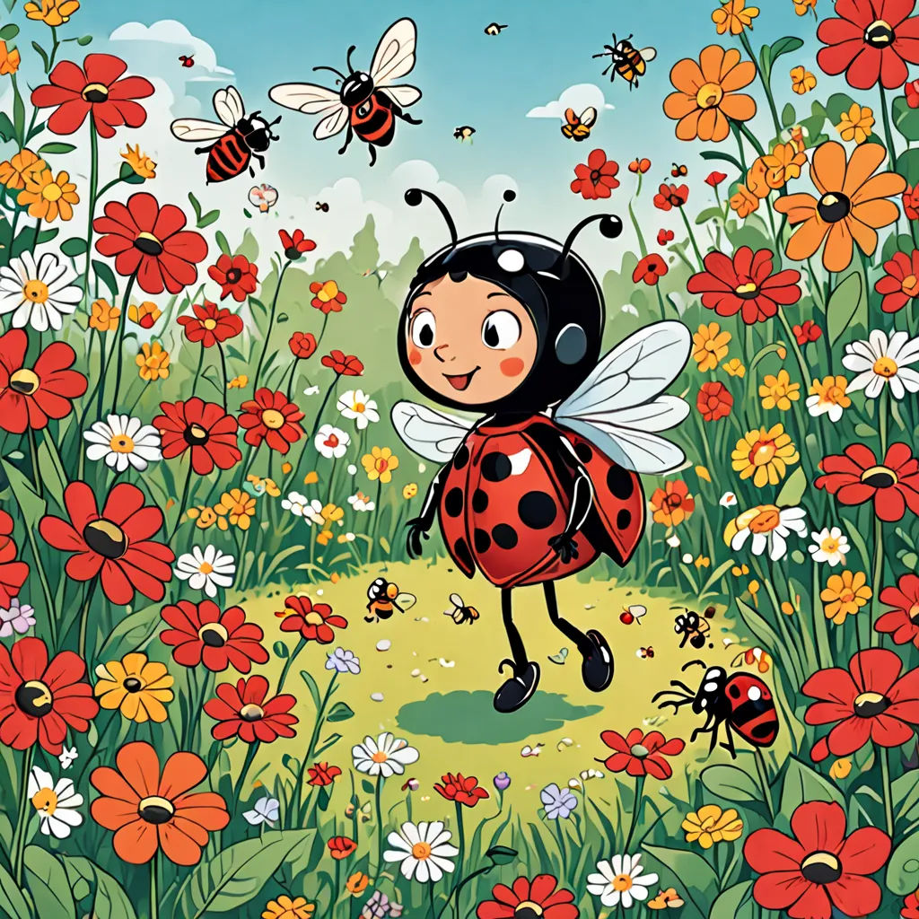 a lady bug is standing in a field of flowers and daisies with a bee flying over it and a lady bug in the background, pop surrealism, a storybook illustration, Diego Gisbert Llorens, promotional image