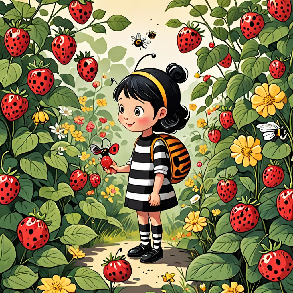 a little girl standing in a field of flowers and berries with a bee on her shoulder and a bee on her shoulder, pop surrealism, a storybook illustration, Diego Gisbert Llorens, storybook illustration