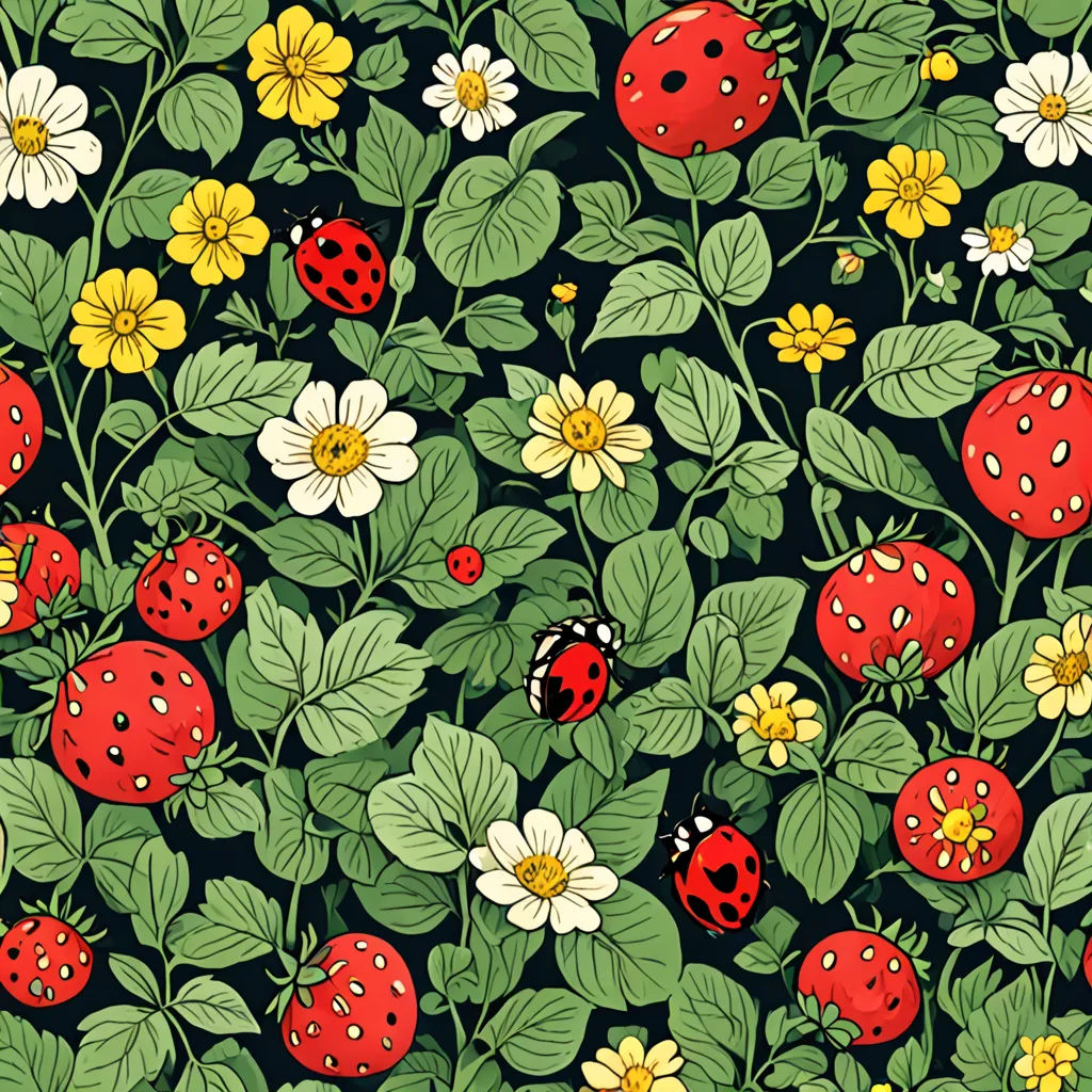 a bunch of ladybugs and daisies on a black background with daisies and daisies on the ground, generative art, a storybook illustration, Annabel Kidston, berries
