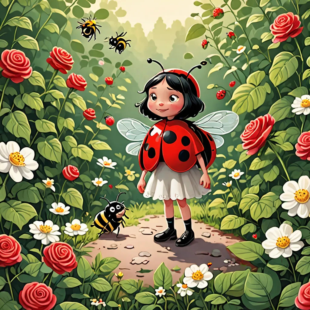 a little girl standing in a garden with a lady bug on her back and a bee on her shoulder, pop surrealism, a storybook illustration, Claire Hummel, storybook illustration