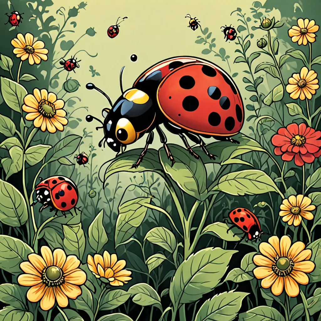 a ladybug sitting on top of a green leaf covered field of flowers and daisies with ladybugs flying around, ecological art, a storybook illustration, Dan Mumford, detailed illustration