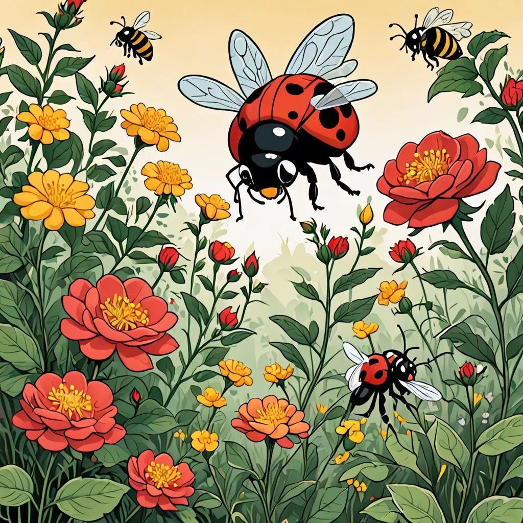 a painting of a lady bug and bees in a field of flowers and flowers with yellow and red flowers, naturalism, a storybook illustration, Asaf Hanuka, detailed illustration