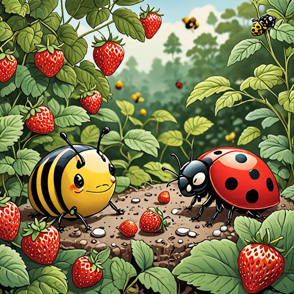 a couple of bugs that are in the dirt near some strawberries and berries on a sunny day with a ladybug, pop surrealism, a storybook illustration, Chris LaBrooy, berries