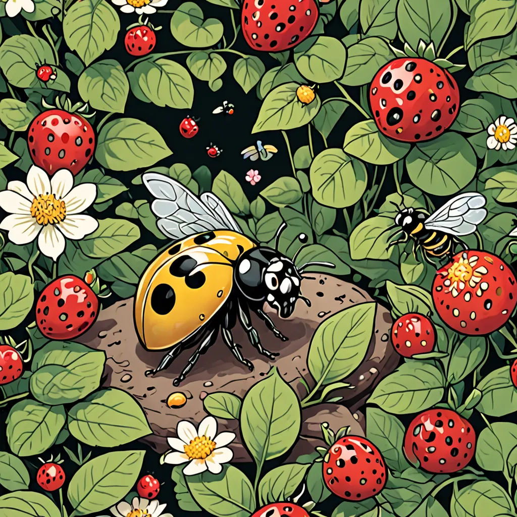 a lady bug sitting on top of a rock surrounded by flowers and leaves and a bee on top of it, ecological art, a storybook illustration, Chris LaBrooy, detailed illustration
