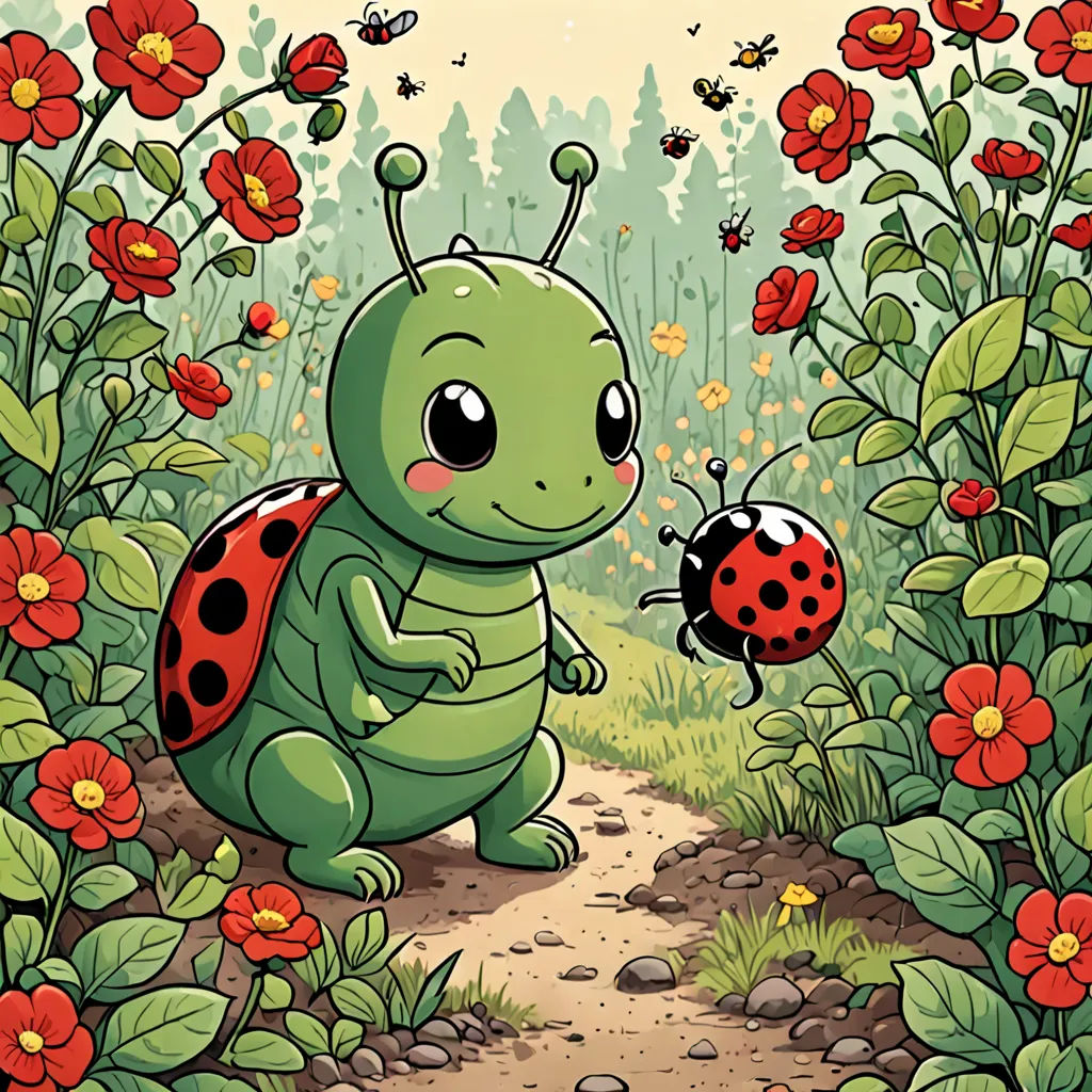 a green bug sitting on top of a dirt road next to a red flower field with ladybugs, fantasy art, a storybook illustration, Chris LaBrooy, storybook illustration