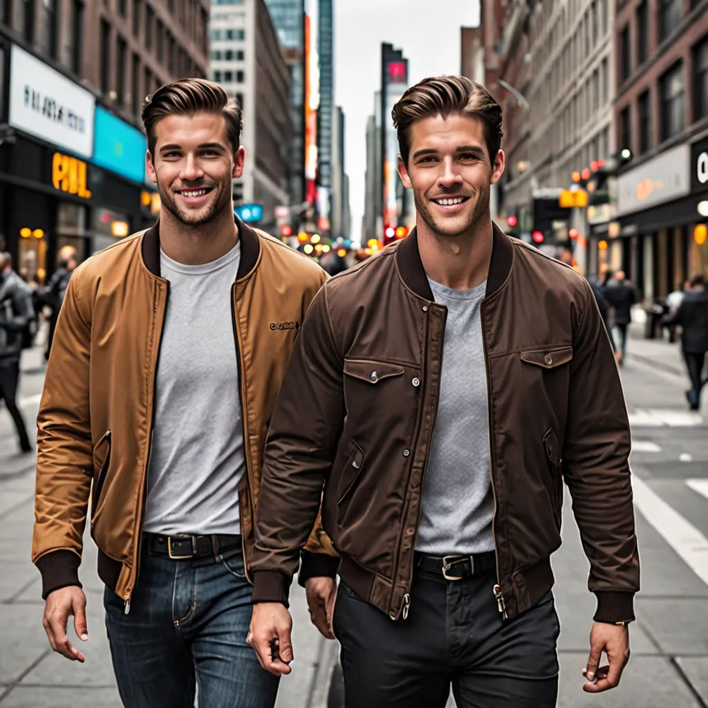 two men walking down a street in a city with tall buildings in the background and a street sign in the foreground, private press, a photocopy, Brad Holland, symmetrical facial features