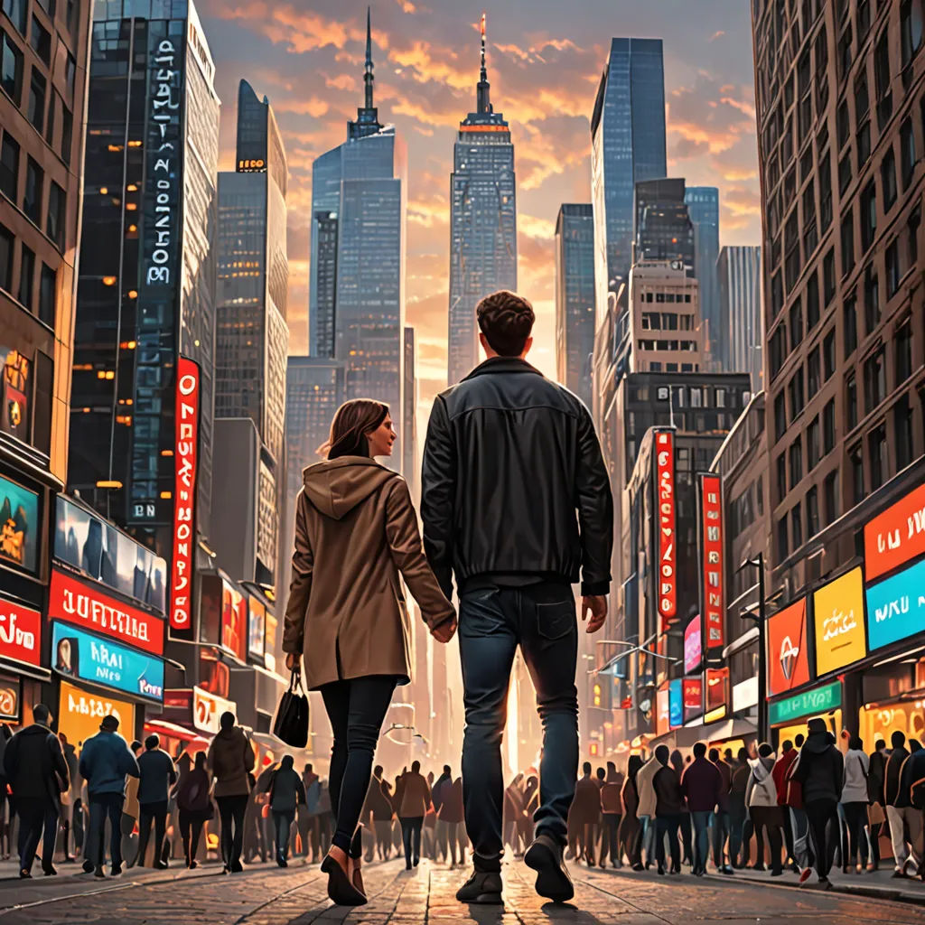 a man and woman walking down a street in a city at sunset with a crowd of people walking around, american scene painting, a detailed matte painting, Chris LaBrooy, cinematic matte painting