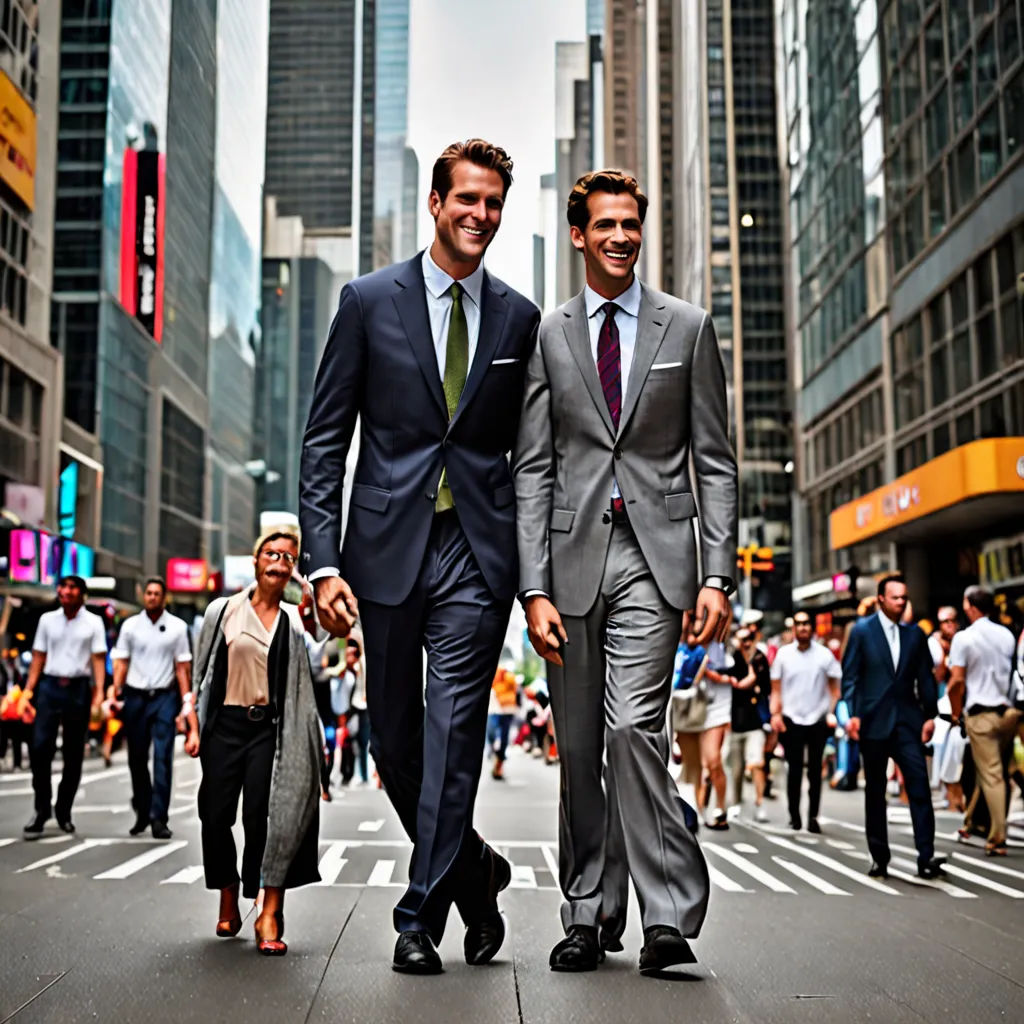 two men in suits walking down a busy city street in the daytime with people walking around them and buildings in the background, neoism, a stock photo, Christian Hilfgott Brand, promotional image