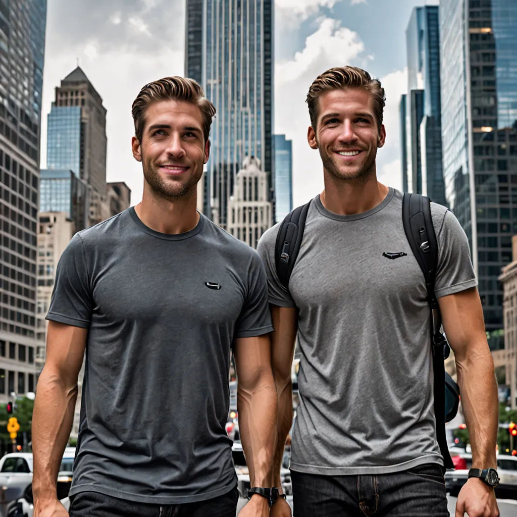 two men standing in front of a city skyline with tall buildings in the background, one wearing a backpack and the other wearing a grey shirt, les automatistes, a photocopy, Andries Both, symmetrical facial features