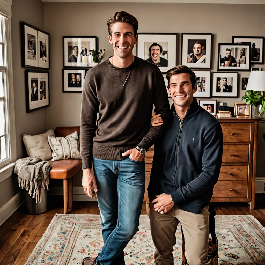 two men standing next to each other in a living room with pictures on the wall and a rug on the floor, private press, a polaroid photo, Drew Tucker, promotional image