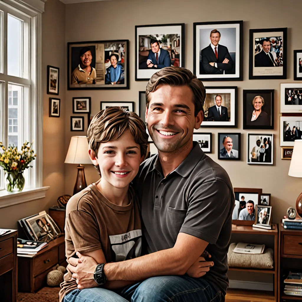 a man and a boy are sitting in a room with pictures on the wall and a lamp on the table, precisionism, a stock photo, Dan Scott, promotional image