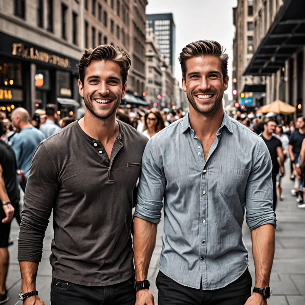 two men standing next to each other on a street with people walking around them and buildings in the background, private press, a photocopy, Adam Dario Keel, symmetrical facial features