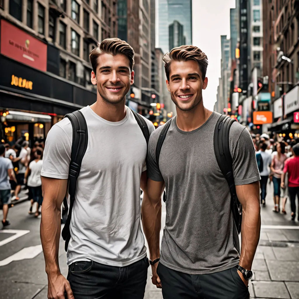 two men standing next to each other on a city street with buildings in the background and people walking on the sidewalk, antipodeans, a photocopy, Drew Tucker, symmetrical facial features