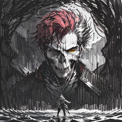 a man with red hair standing in front of a giant monster with a sword in his hand and a red eye